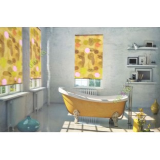 Green brown color geometric circles stamped oval shaped alphabets texture finished roller blind